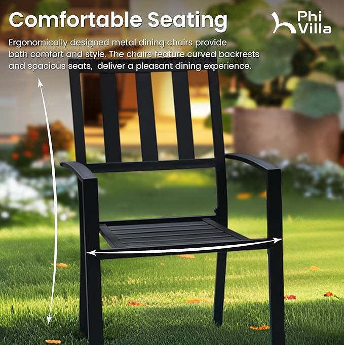 PHI VILLA 3 Piece Outdoor Bistro Set for 2, 22" Metal Steel Square Table with Umbrella Hole & Stacking Iron Chairs, Small Furniture Conversation Set for Porch, Deck, Balcony,Patio, Yard - Black