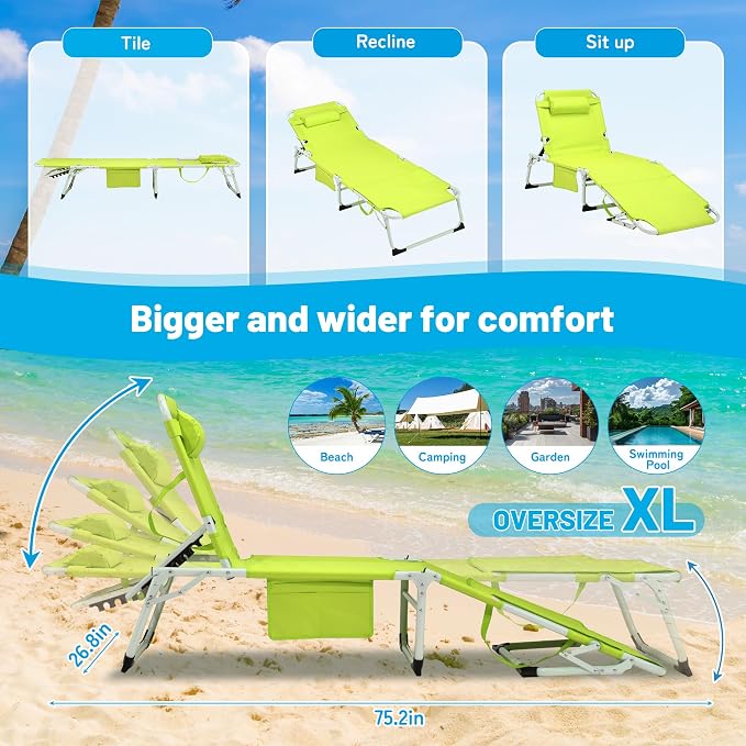 3-in-1 Oversized Sun Tanning Chair with Mat & Face Hole (Green) | Folding Chaise Lounge,5-Position Adjustable Outdoor Chair for Beach, Pool, Patio, Lawn, Yard - Includes Pillow