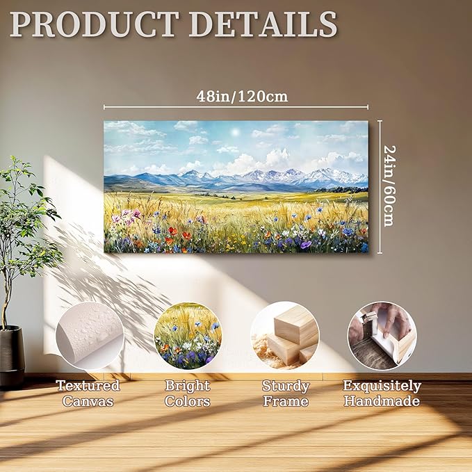 SERIMINO Nature Landscape Large Wall Art Prints, Meadow Wildflowers Rustic Home Decor, Mountain Wilderness Scenic Canvas Painting, Outdoor Pictures Wall Decor Living Room Bedroom Bathroom 24"X48"