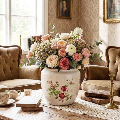 LemonRoad 7 Inch Large Vintage Ceramic Planter with Drainage Holes Ice Crackle Flower Vase Flower Pot with Vintage Rose Pattern for Indoor Outdoor Plants Garden Home Kitchen Office Shelf Decor