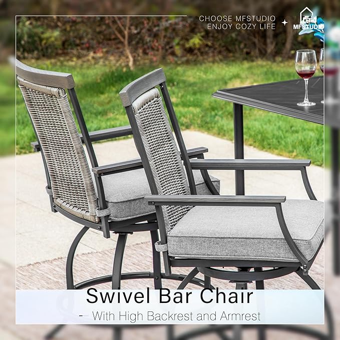 MFSTUDIO Outdoor Counter Height Bar Stool Set of 4, Swivel Rattan Backrest Metal Patio Bar Chair with Armrest and Cushion, All Weather Resistant Patio Chair, Grey