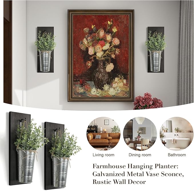SHOHAYTO Farmhouse Wall Decor Set of 2 - Wood Hanging Planters with Artificial Eucalyptus, Rustic Vertical Pocket Vases for Bathroom Kitchen, Indoor Greenery Decor