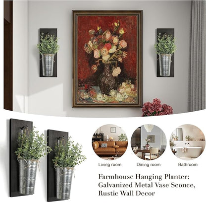 SHOHAYTO Farmhouse Wall Decor Set of 2 - Wood Hanging Planters with Artificial Eucalyptus, Rustic Vertical Pocket Vases for Bathroom Kitchen, Indoor Greenery Decor