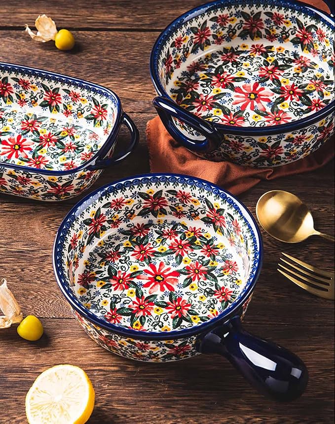 Red Daisy Flower Vintage Style Ceramic Bakeware Casserole Dish Baking Pan Lasagna Pans Baking Dish with Handles for Oven/Cooking/Kitchen-1 PCS, 32 OZ