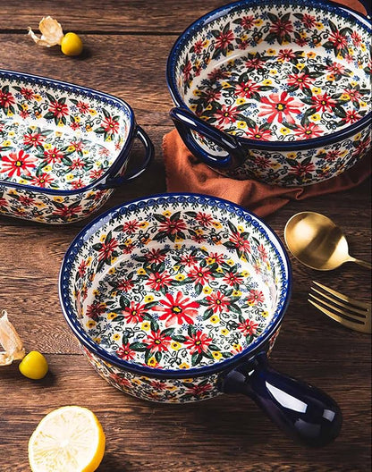 Red Daisy Flower Vintage Style Ceramic Bakeware Casserole Dish Baking Pan Lasagna Pans Baking Dish with Handles for Oven/Cooking/Kitchen-1 PCS, 32 OZ