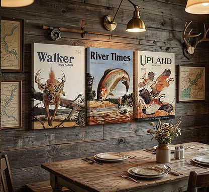 3Pcs Retro Hunting Canvas Wall Art Outdoorsy Wild Animal Wall Decor Pictures Nature Wilderness Deer Wild Duck Fishing Posters Prints Gift Send Hunter Dad For Farmhouse Living Room Bedroom Decoration