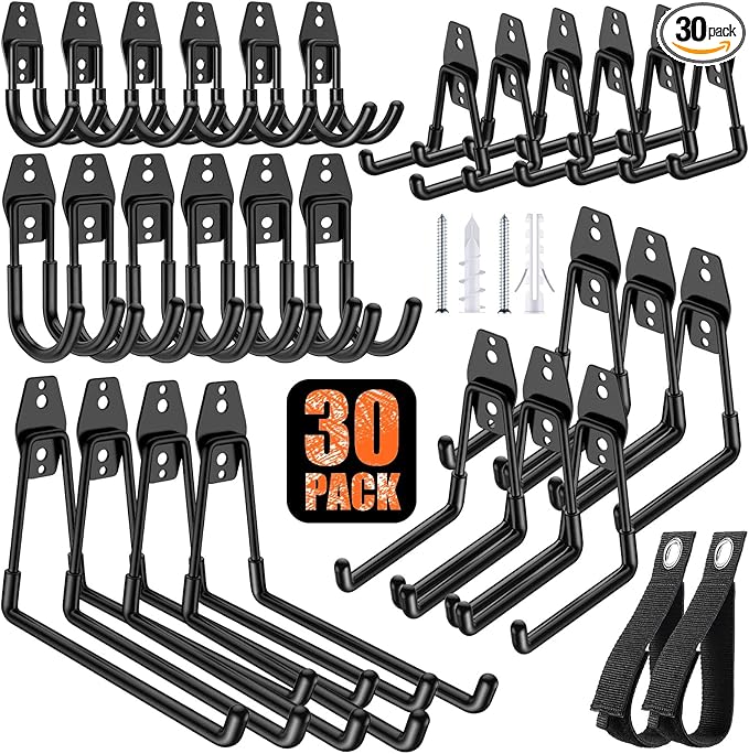 30 Pack Heavy Duty Garage Hooks,Solid Steel Wall Mount Hangers,with Anti-Slip Coating,for Hanging and Organising Ladder,Bike,Ropes,Broom,Garden,Yard and Power Tools
