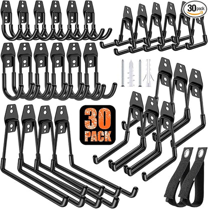30 Pack Heavy Duty Garage Hooks,Solid Steel Wall Mount Hangers,with Anti-Slip Coating,for Hanging and Organising Ladder,Bike,Ropes,Broom,Garden,Yard and Power Tools