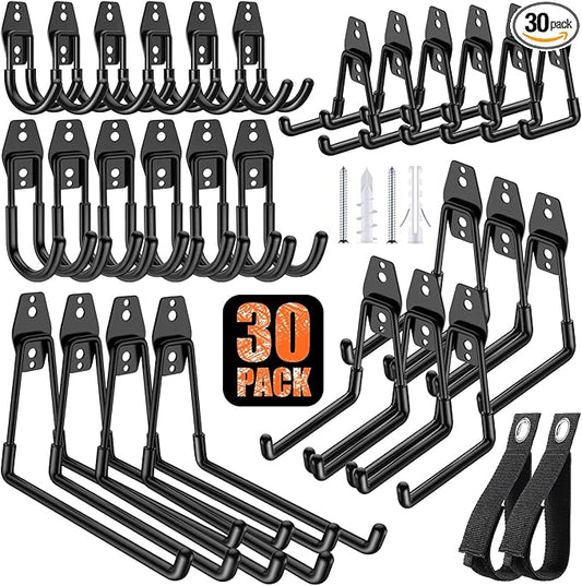 30 Pack Heavy Duty Garage Hooks,Solid Steel Wall Mount Hangers,with Anti-Slip Coating,for Hanging and Organising Ladder,Bike,Ropes,Broom,Garden,Yard and Power Tools