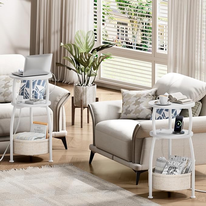 Round Side Table, 3-Tier End Table with Power Outlets, Small Table with Storage Basket, Coffee Table Sofa Side Table for Small Spaces, Nightstand for Living Room Bedroom, 11.81in, Matte White