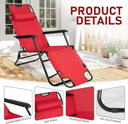 Outvita Folding Chaise Lounge Chair, Outdoor Adjustable Recliner Chair with Pillow for Camping, Beach, Poolside, Garden, Backyard, Lawn
