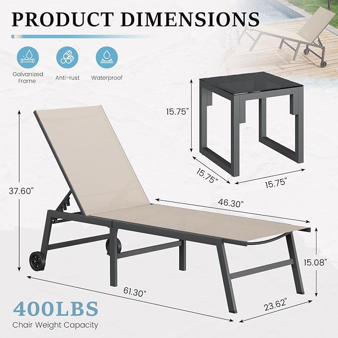 UDPATIO Patio Lounge Chair Outdoor Poolside Chaise Lounges with Wheels
