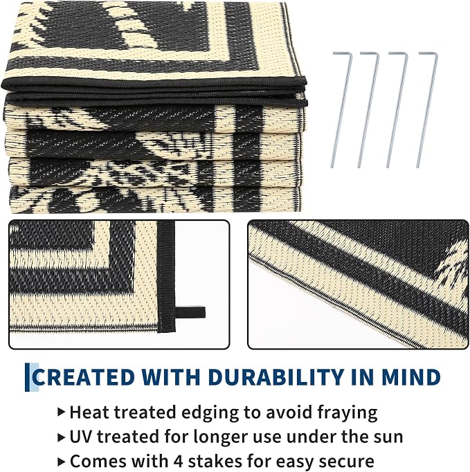 Garvee Outdoor Rug 5x8 Waterproof for Patios, Reversible Plastic Straw Rug, Tropical Leaf Indoor Outdoor Rugs, Large Area Rug for RV, Camping, Deck, Picnic Mat, Outside Carpet, Black & Brown