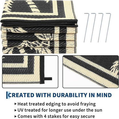 Garvee Outdoor Rug 5x8 Waterproof for Patios, Reversible Plastic Straw Rug, Tropical Leaf Indoor Outdoor Rugs, Large Area Rug for RV, Camping, Deck, Picnic Mat, Outside Carpet, Black & Brown