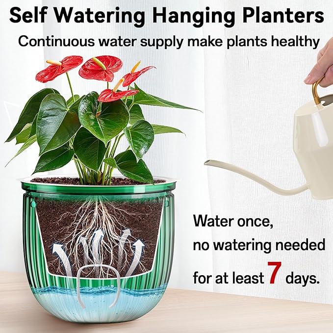 Halatool 2 Pack Self Watering Hanging Planters for Indoor Plants - 6.5 Inch Outdoor Hanging Flower Pots with 2 Metal Chains for Garden Home Wall Decor (Peacock Green)