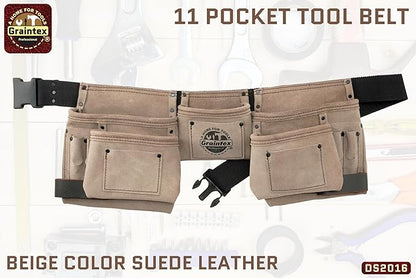 Graintex DS2016 11 Pocket Beige Color Suede Leather Tool Belt/Tool Bag/Work Apron, 2 Hammer Loops, Adjustable Belt | Construction, Carpenter, Roofing, Drywall, Electrician, Gardening, DIY