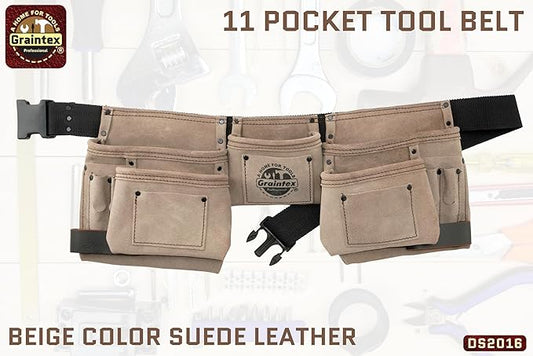 Graintex DS2016 11 Pocket Beige Color Suede Leather Tool Belt/Tool Bag/Work Apron, 2 Hammer Loops, Adjustable Belt | Construction, Carpenter, Roofing, Drywall, Electrician, Gardening, DIY