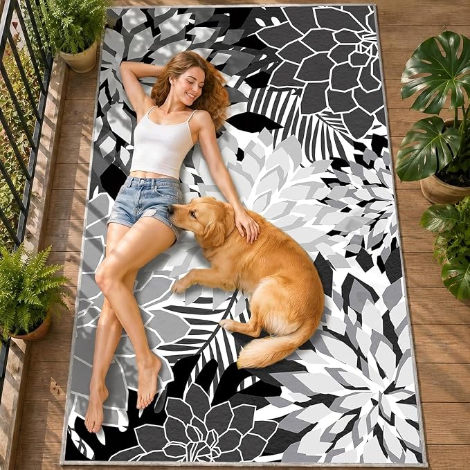 ZonLi Colorful Outdoor Rug 8x10Ft Waterproof Multicolored Indoor Area Rug Washable Outdoor Patio Rugs Tropical Floral Non Slip Outdoor Carpet for Living Room, Pool,Backyard,Deck,Camping