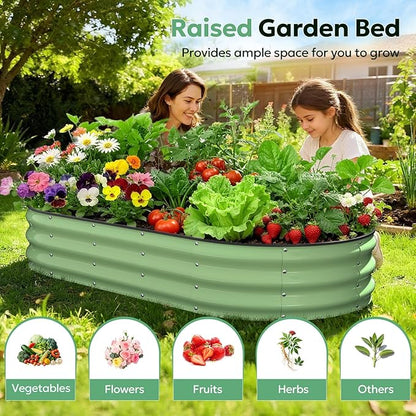Raised Garden Bed 6×3×1 FT, Galvanized Raised Planter Box, Oval Vegetable Planting Container with Safety Edge Trim, Fruit Green for Backyard Fence Line Side Yard Family Gardening