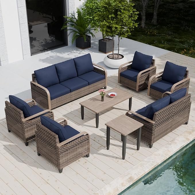 COOS BAY Modern Wicker Outdoor Furniture Set, Patio Conversation Set with Swivel Rockers, Patio Chairs, 3 Seat Couch, Loveseat, Coffee Table and Side Table, 8 Piece, Brown/Blue