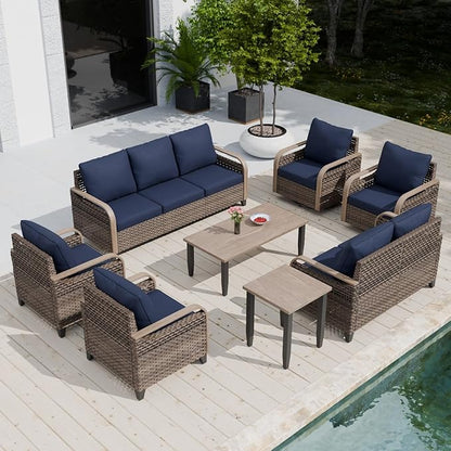 COOS BAY Modern Wicker Outdoor Furniture Set, Patio Conversation Set with Swivel Rockers, Patio Chairs, 3 Seat Couch, Loveseat, Coffee Table and Side Table, 8 Piece, Brown/Blue