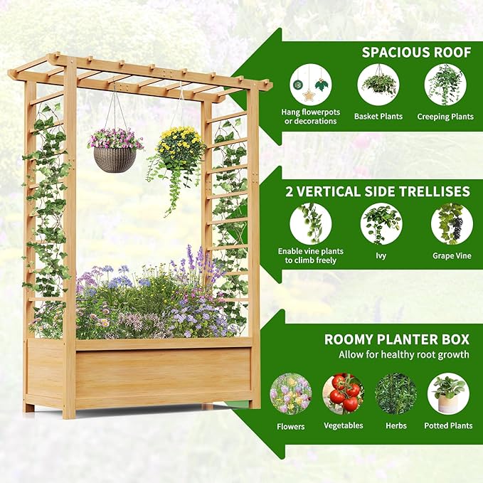 DoCred Raised Garden Bed with Trellis, Freestanding Wood Planter Box with Hanging Roof, Side Trellis Above Ground Elevated Garden Bed Outdoor Planter with Trellis for Climbing Plants Vines Patio