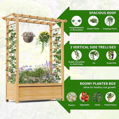 DoCred Raised Garden Bed with Trellis, Freestanding Wood Planter Box with Hanging Roof, Side Trellis Above Ground Elevated Garden Bed Outdoor Planter with Trellis for Climbing Plants Vines Patio