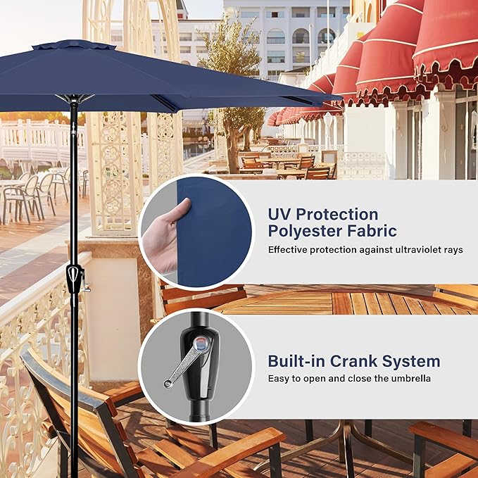 Simple Deluxe 9FT Outdoor Patio Umbrella Table Market Umbrella with Push Button Tilt and Crank, 8 Sturdy Ribs, UV Protection Waterproof for Garden, Lawn, Deck, Backyard, Pool, Dark Blue
