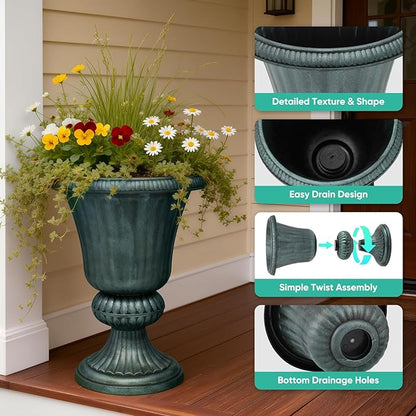 Athena Collection 20''H Garden Plastic Urn Vintage Tall Planter Urn Patio Large Flower Pot Porch Planter Large Planter for Indoor Outdoor Plant, Dark Green