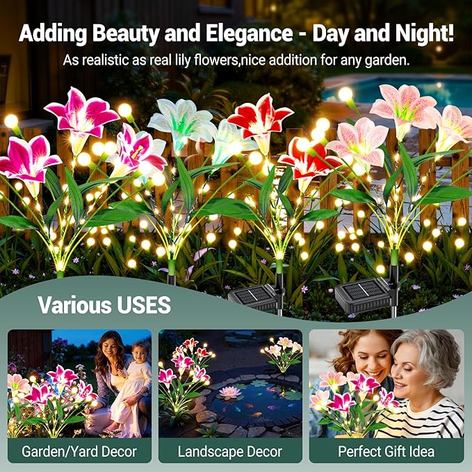 WdtPro Upgraded Solar Garden Lights Outdoor: 4 Pack 2-in-1 Solar Firefly Swaying Light with Lily Flower and Glowing Stem, Waterproof Garden Decor for Yard Patio Pathway Lawn, Gardening Gifts for Women