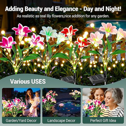 WdtPro Upgraded Solar Garden Lights Outdoor: 4 Pack 2-in-1 Solar Firefly Swaying Light with Lily Flower and Glowing Stem, Waterproof Garden Decor for Yard Patio Pathway Lawn, Gardening Gifts for Women