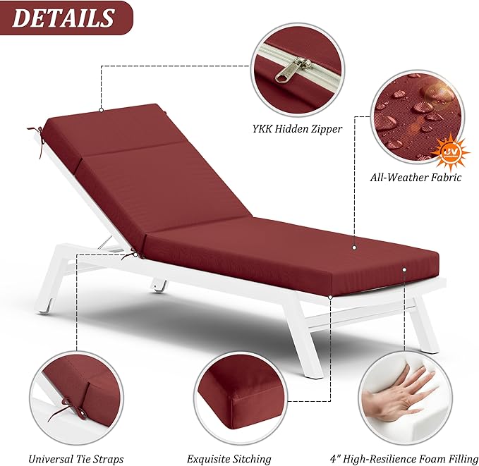 Chaise Lounge Cushion for Outdoor Furniture, Waterproof Fade and Tear Resistant Lounge Deck Chair Cushions for Patio Lawn Pool Resort Hotel