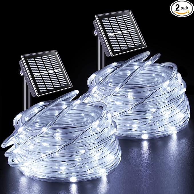 YEGUO Solar Christmas Lights Outdoor Waterproof, 2 Packs Each 33ft 100 LED Rope Lights, 8 Modes Fairy String Lights in Clear Thin Tube for Camping Fence Patio Garden Trampoline Deck(White)