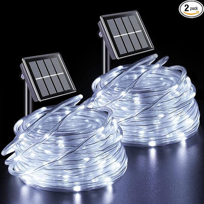 YEGUO Solar Christmas Lights Outdoor Waterproof, 2 Packs Each 33ft 100 LED Rope Lights, 8 Modes Fairy String Lights in Clear Thin Tube for Camping Fence Patio Garden Trampoline Deck(White)
