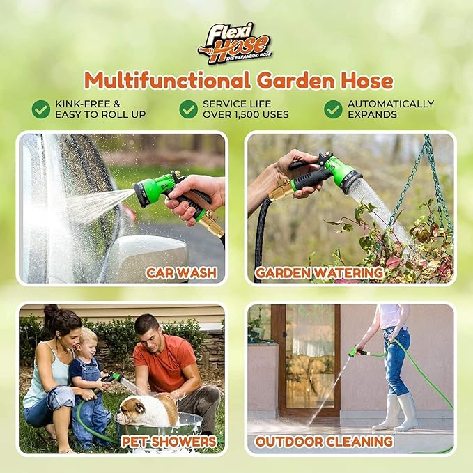 Flexi Hose Plus Expandable Garden Hose with 8 Function Nozzle, 100FT - Lightweight Retractable Garden Hose, Water Hose - No-Kink Flexibility, 3/4 Inch Solid Brass Fittings Includes Hook & Bag