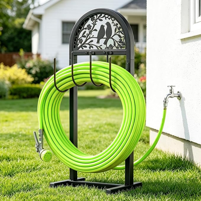 2 Pack Garden Hose Holder, Water Hose Stand with 4 Stake, Heavy Duty Metal Hose Hanger Holds 150Ft, Freestanding Hose Storage Rack for Outside,Yard & Lawn Garden