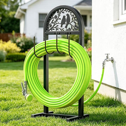 2 Pack Garden Hose Holder, Water Hose Stand with 4 Stake, Heavy Duty Metal Hose Hanger Holds 150Ft, Freestanding Hose Storage Rack for Outside,Yard & Lawn Garden