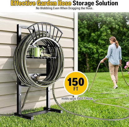Heavy Duty Garden Hose Holder include 45ft Rubber Hose 5/8" | 4 Spike Freestanding, 2 Middle Bars for Enhance Stability, Anti-Rust Outdoor, Brass Fitting, Tidy Organizer