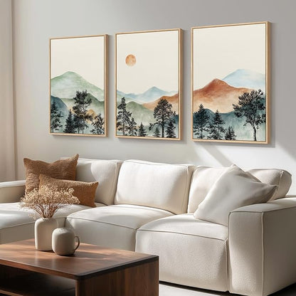 Framed Large Mountain Wall Art for Living Room, 3 Piece Boho Watercolor Landscape Artwork for Walls, Mid Century Modern Mountain Forest Sunset Scenic Canvas Prints for Office Hallway Decor, 24x36 Inch