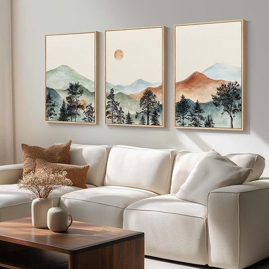 Framed Large Mountain Wall Art for Living Room, 3 Piece Boho Watercolor Landscape Artwork for Walls, Mid Century Modern Mountain Forest Sunset Scenic Canvas Prints for Office Hallway Decor, 24x36 Inch
