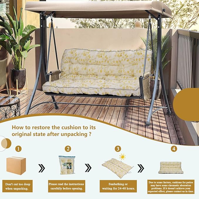 2/3 Seater Swing Replacement Cushion, Waterproof Porch Swing Cushions with Backrest, Thickened Bench Cushions for Outdoor Furniture, for Outdoor Patio Swing (Yellow Leaves, 63 * 40in)