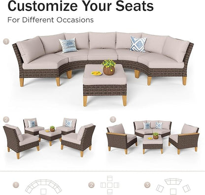 PHI VILLA 8-Piece Wicker Patio Furniture Set, Outdoor Half-Moon Curved Sectional Sofa with Cushions, 2 Ottomans, Large Conversation Seating for Garden or Backyard, Beige