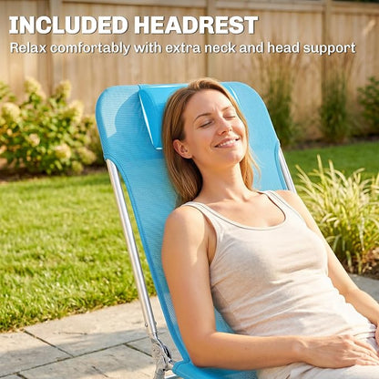 Outsunny 2 Piece Folding Chaise Lounge Chairs, Pool Sun Tanning Chairs with Reclining Back, Breathable Mesh Seat, Headrest for Beach, Yard, Patio, Blue