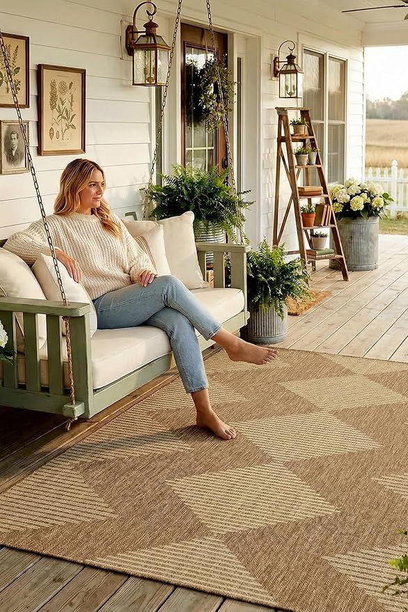 MontVoo-Outdoor Rug Carpet Patio Rug 8x10 Polypropylene Indoor Outdoor Rugs for Patio Deck Balcony Porch, Textured Weave, Durable for High Traffic, Fade-Resistant, Boho Geometric Neutral Brown