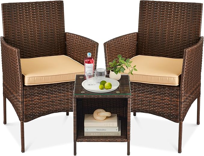 Best Choice Products 3-Piece Outdoor Wicker Conversation Bistro Set, Space Saving Patio Furniture for Garden w/Side Table - Brown/Tan