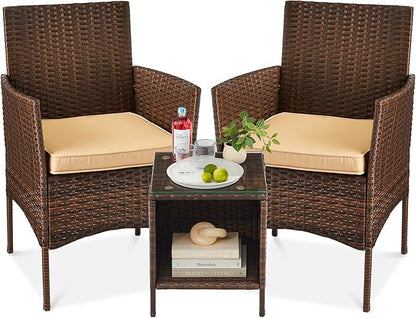 Best Choice Products 3-Piece Outdoor Wicker Conversation Bistro Set, Space Saving Patio Furniture for Garden w/Side Table - Brown/Tan