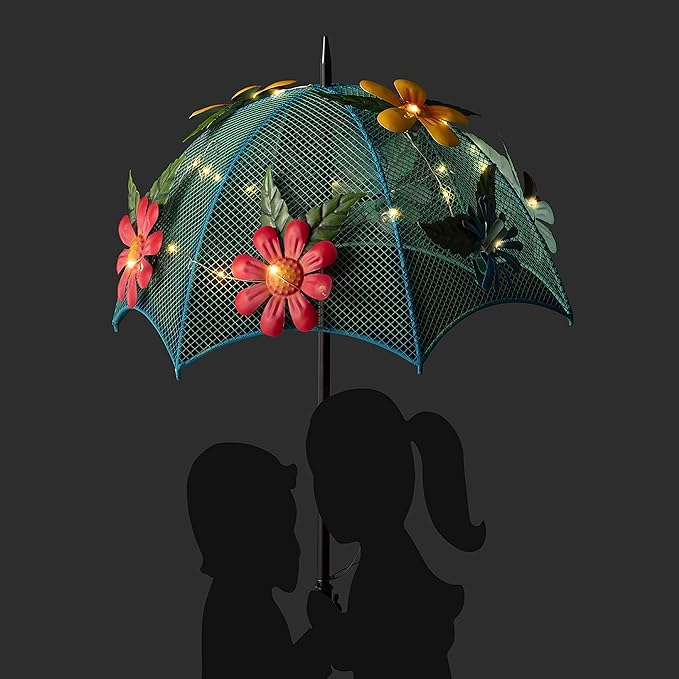 Alpine Corporation 39" Tall Outdoor Solar Powered LED Lights Girl and Boy Silhouette with Umbrella Yard Statue