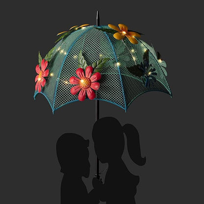Alpine Corporation 39" Tall Outdoor Solar Powered LED Lights Girl and Boy Silhouette with Umbrella Yard Statue