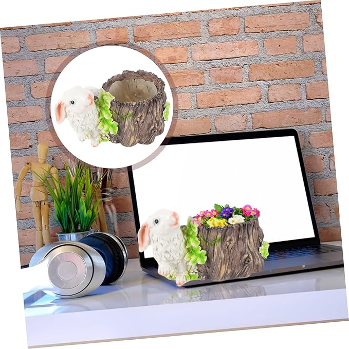 BESPORTBLE Bunny Stump Flower Pot Small Resin Planter for Outdoor and Indoor Gardening Decorative Desktop Ornament Drainage Cute Bunny Design