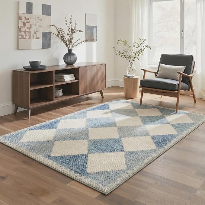 GENIMO Outdoor & Indoor Area Rug 5'x7', Waterproof, Non-Shedding, Easy Cleaning, Diamond Check Mat for Patio, Entryway, Porch, Living Room, Bedroom, Outside Carpet, Dusty Blue